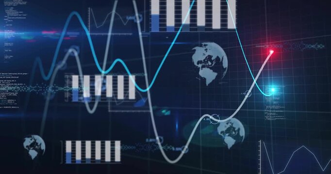 Grid appearing, cyan and gray traces sweeping, nodes pulsing, globes shifting, showing global data