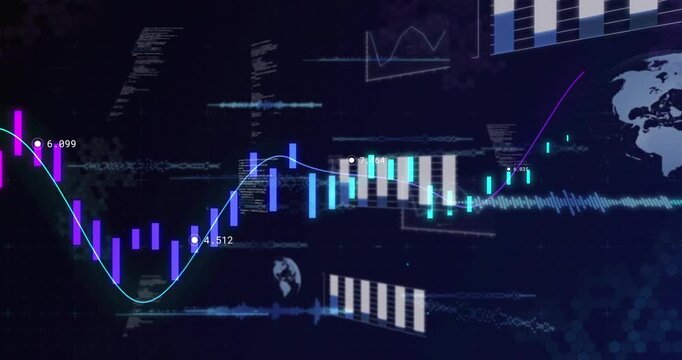 Animated finance chart updating on data feed, candles dipping then cyan bars rising showing rebound