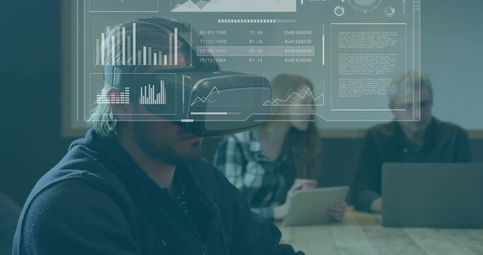 Man testing VR HMD glancing up, showing charts and gauges during tech demo, team using tablet