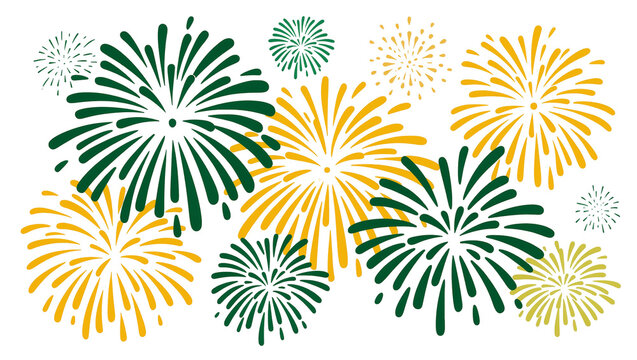 Isolated graphic illustration of a festive celebration with vibrant green and gold fireworks