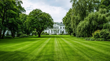 Fototapeta premium Elegant white mansion with perfectly maintained green lawn and trees, luxury real estate landscape with copy space.