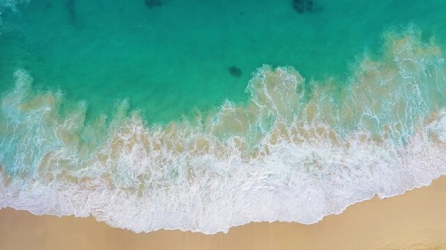 Aerial drone footage of massive turquoise waves crashing on a sandy tropical beach. Top view of powerful ocean surf and blue sea water. Concept of nature power, travel destination and summer.