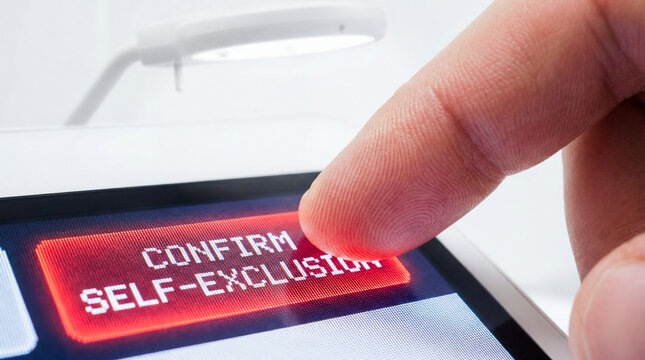 Close up of finger pressing confirm self exclusion button on glowing smartphone screen concept of fighting gambling addiction ludomania recovery taking control and blocking online casino access