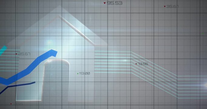 Data feed sending trend lines sweeping across grid, pale house icon anchoring real estate shifts