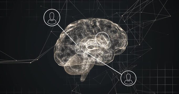 3D brain model pulsing central node and extending lines to avatar nodes, visualizing tech data