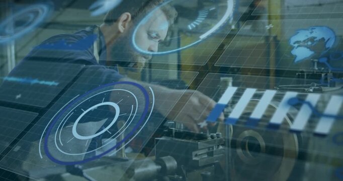 Adjusting machinist in blue shirt, apron reacting to HUD overlay at workshop, aligning chuck