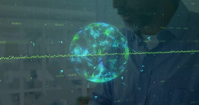 Appearing hologram orb drawing man wearing collared shirt to keyboard, typing and viewing waveform