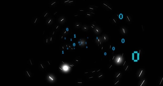 Starting playback, cyan binary digits spiraling in dark void with dotted rings as data stream