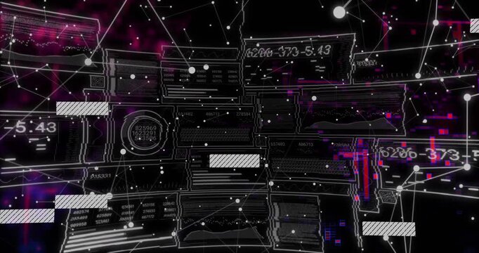 Magenta glow rising behind panels, causing grid console moving bars, updating codes, building HUD