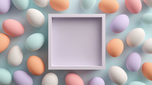 Colorful easter eggs surrounding empty square box on pastel background  