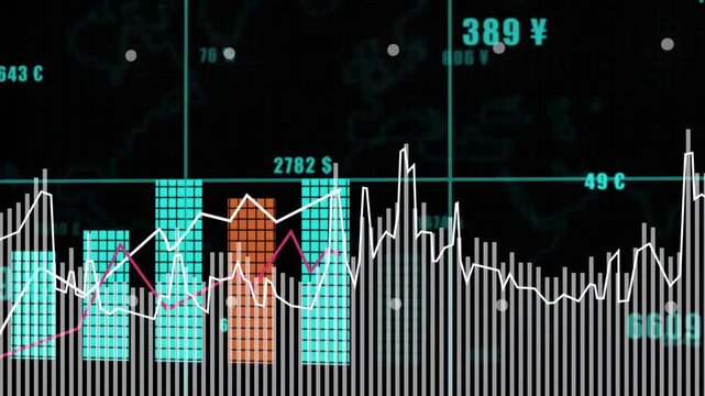 Data feed driving finance chart showing trend bars rising white line spiking money labels updating