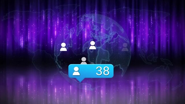 Blue speech-bubble receiving update ping, updating count, adding user icons, showing network growth