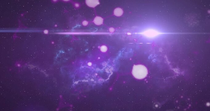 Glowing nebula and bokeh orbs shifting as incoming lens flare brightening scene for tech design