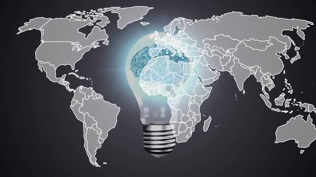 Vertical video: Map lines moving east causing bulb brain pulsing and halo focusing regions for tech