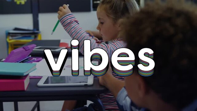 Girl reaching case grabbing green pencil starting work moving vibes overlaying tablet in classroom