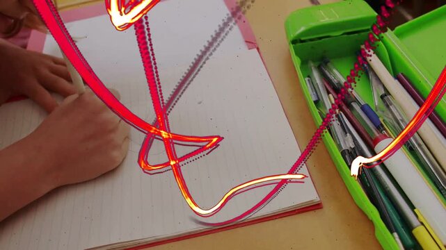 Girl leaning over notebook, picking pencil in green case, school sketching, neon scribbles moving