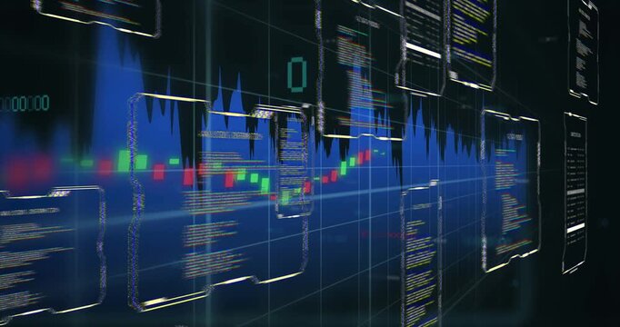 Camera sweeping floating data wall forward at HUD, revealing panels, waveform and candlesticks