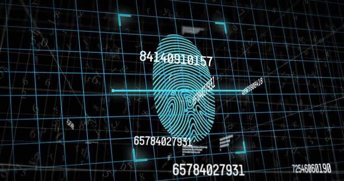 Scanning cyan fingerprint graphic moving across tilted 3D grid in biometric HUD, showing readouts