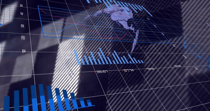 Vertical video: Live feed driving grid visuals, rotating globe and sliding charts for tech use
