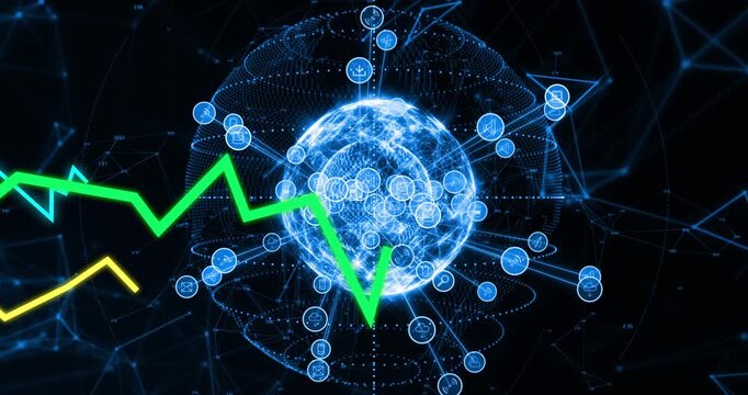 Green graph entering from left initiating node spawning and animating globe, showing tech data rise