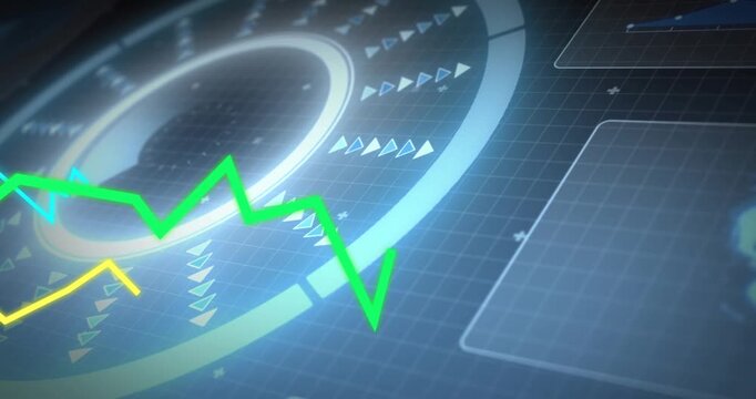 Vertical video: Animating holo HUD on update tracing green cyan yellow lines on grid, panel globe