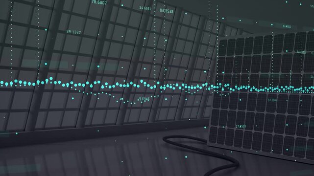 Animated data viz on live feed, fluctuating teal waveform updating metrics monitoring solar output