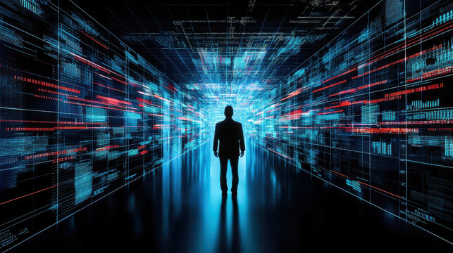 Person standing futuristic digital environment, surrounded by glowing data streams and visualizations, representing predictive sales analysis