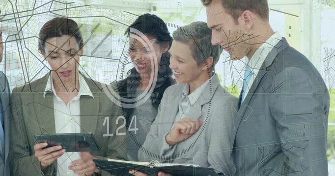 Reviewing woman showing black binder as suited team tapping tablet at office HUD starting for prep