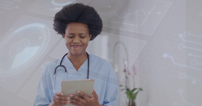 Vertical video: On ping doc in scrubs tapping tablet at clinic checking records with steth and data