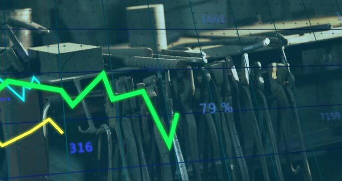 Hooks in industrial area, overlay appearing moving across hooks updating green line for maintenance