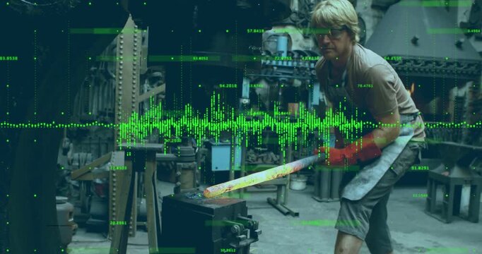 Vertical video: Holding hot bar, smith aligning on vise at forge to shape in gloves, wave sweeping