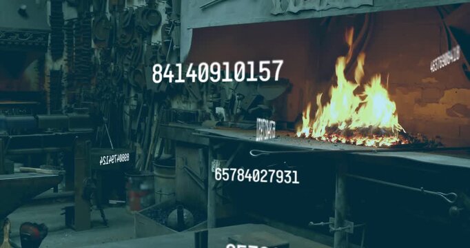 Forge hearth glowing while sensor feed generating numeric overlays across bench for heat analysis