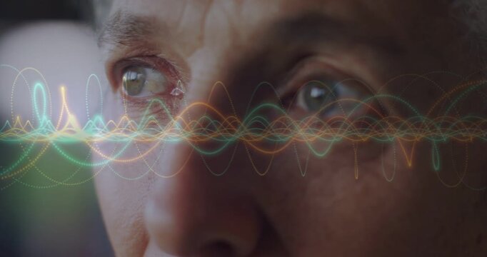 Waveform pulsing eye-level, mature female eyes tracking offscreen point, blinking and showing focus
