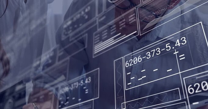 Woman pointing at document initiating HUD graphs while man with glasses writing paper for business