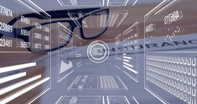 On play, glasses resting on INSURANCE document, holo tunnel updating numbers for insurance data