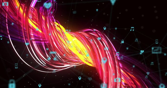 Light streak entering corner forming braid, weaving tech network and lighting lock, connecting