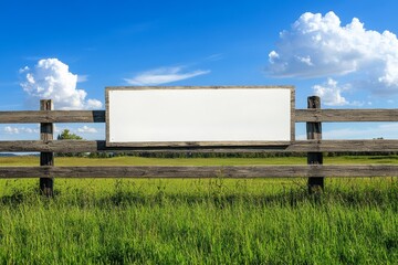 Obraz premium Blank white sign on wooden fence in sunny green grass landscape with clouds in blue sky during daytime