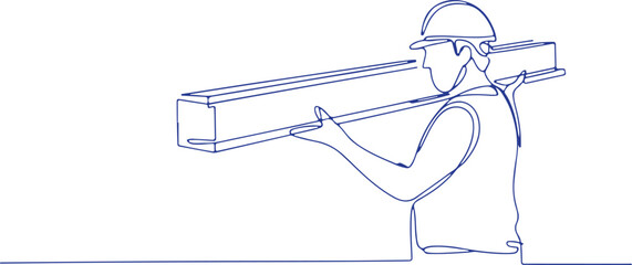 Blue line drawing of a construction worker carrying a beam