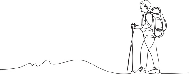 Hiker with backpack and trekking poles on white background