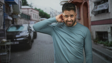 Fototapeta premium Man with beard scratches neck with hand on a narrow street between parked cars and old buildings, grimacing in discomfort; awkwardness hesitation.