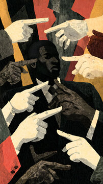 ilustracion referente al racismo a la violencia por la diferencia de color manos se&ntilde;alando a un hombre de tez oscura manos criticando 