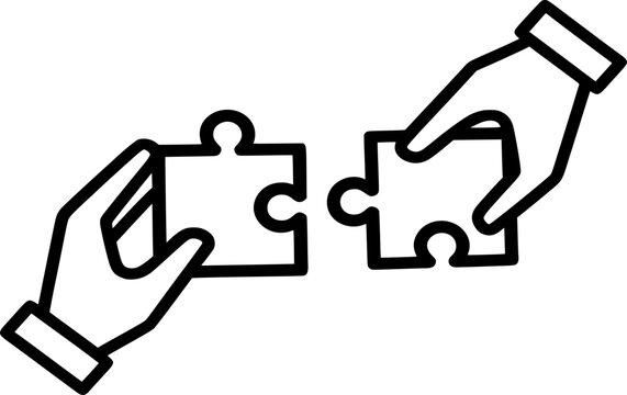 Two hands holding separate jigsaw puzzle pieces about to connect them for team building and business partnership metaphor in minimalist line art style graphic