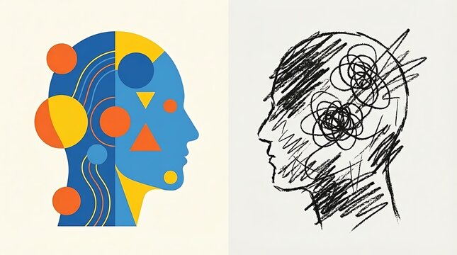 Human mind illustration showing structured logical brain with shapes against chaotic confused mental sketch
