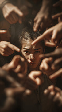 una mujer siendo acosada y se&ntilde;alada por muchas personas manos de mucha gente juzgando a una mujer al centro apuntando con el dedo en forma de critica 