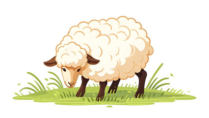 Obraz premium Fluffy white sheep grazing on green grass against white background