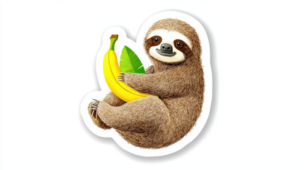 Fototapeta premium Cute sloth holding banana with green leaves, showcasing playful and cheerful expression. Perfect for stickers and illustrations