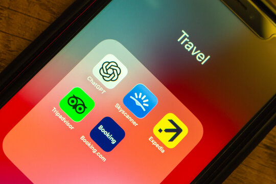 Mexico City, MEXICO - Mar 19 2026 : ChatGPT alongside popular online travel agency and flight booking apps include Skyscanner, Expedia, Tripadvisor and Booking.com are seen in the iPhone screen.