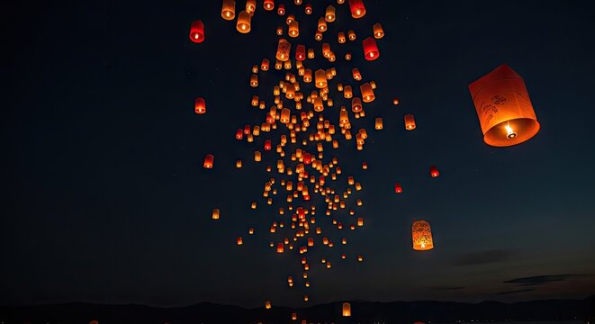 Sky Lanterns Flying At Night Time.
