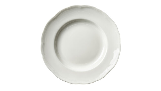 Isolated beautiful pristine white porcelain dining plate with elegant scalloped edge