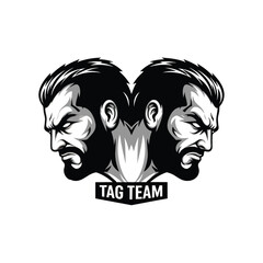 Fototapeta premium A black and white vector illustration of two wrestlers' heads facing each other, forming a tag team logo with bold lines and contrasting tones on a plain background. Perfect for sports,